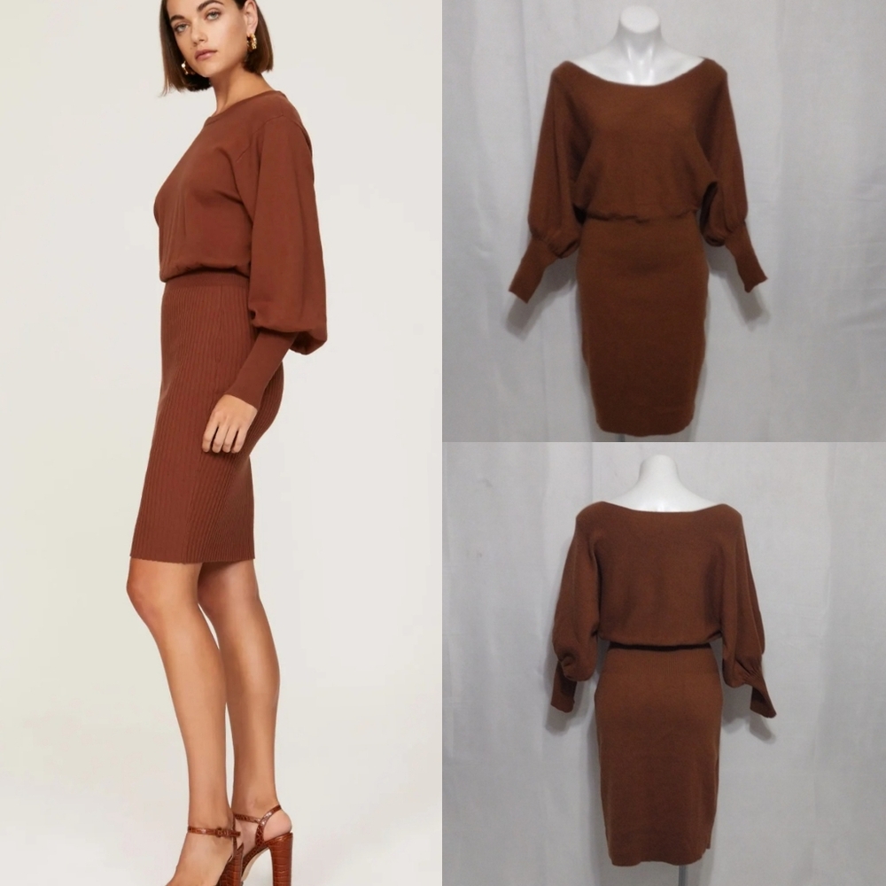 Brown Dolman Sleeve Ribbed Knit Bodycon Sweater Dress Large Cozy Elegant Chic